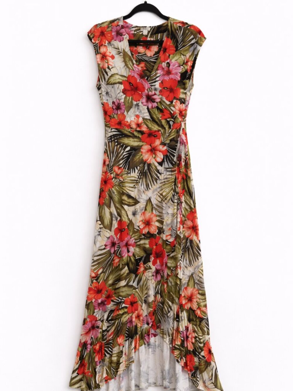 Spense Tropical Floral Maxi Dress | Wrap Style | Ruffle Hem | Sleeveless | Large